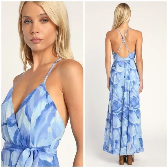 LULU’S The Way to Perfection Blue Abstract Print Surplice Maxi Dress - Picture 2 of 15